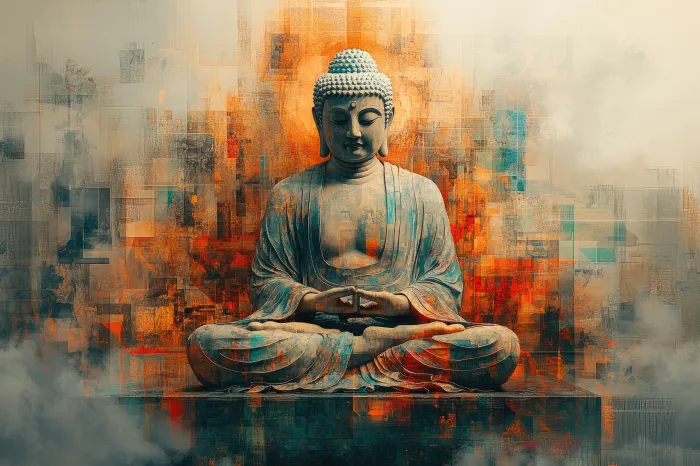 Lord Gautama Buddha meditating in lotus pose against a warm orange and teal geometric abstract backdrop. | PrintPosters.in